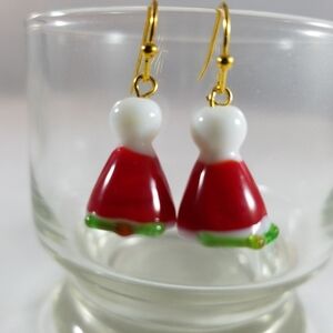 Hand Crafted Earrings Santa Hat Red White Green Pierced Dangle